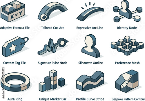 Isometric Vector Icons. Isometric vector icons of personalization: adaptive formula tile, tailored cue arc, expressive arc line,