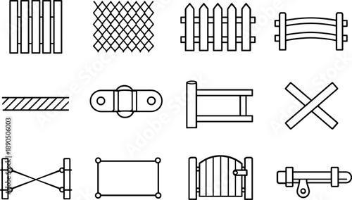 Line style vector icons of fences and boundaries: vertical slat tile, chain-link mesh, picket fence outline, post-and-rail arc,