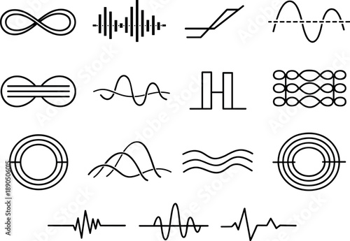 Line style vector icons of regulatory signs: loop line, rhythm bar, transition line, loop stripe, modulation contour, interval