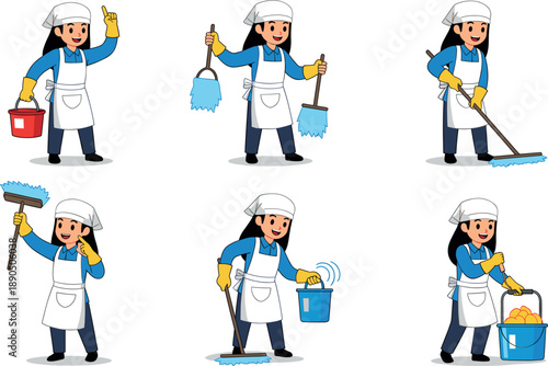 Cheerful professional cleaning service woman in uniform performing housework tasks