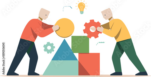 Second abstract geometric figure appears nearby linking and aligning shapes with first figure as early collaborative exploration