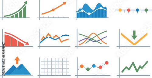 Flat vector icons of data visualization line charts: growth curve, trend line, time series, timeline axis, decline curve, curve