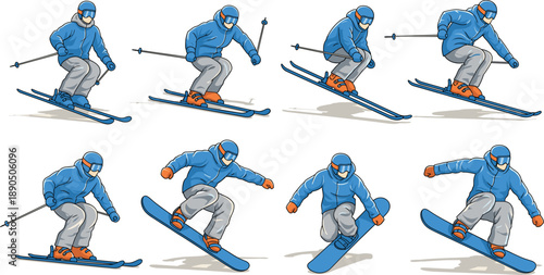 Collection of professional skiers and snowboarders performing winter sports actions