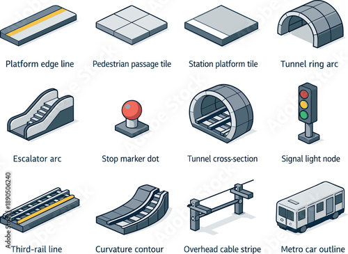 Isometric vector icons of metro tunnels: platform edge line, pedestrian passage tile, station platform tile, tunnel ring arc,
