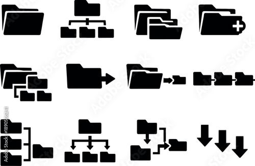 Solid vector icons of file folder system folder structure: main folder, subfolder tree, nested folders, directory hierarchy,