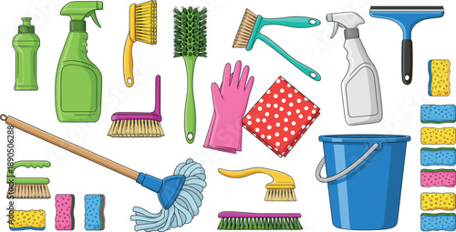 Comprehensive house cleaning supplies and equipment set illustration