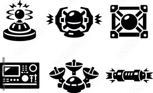 Solid vector icons of localized gravity disturbance devices: gravity pulse generator, field distortion core, stabilizing frame;