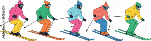 Group of professional skiers in colorful winter gear downhill skiing set