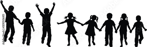 Children silhouette holding hands, unity, friendship, teamwork, childhood innocence, group play, diversity, togetherness, joy, bonding, harmony, cooperation, fun, support, happiness, carefree, playful