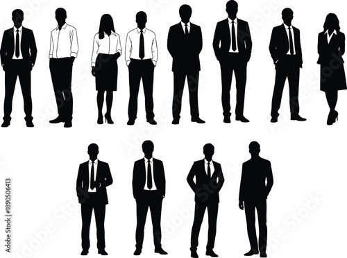business silhouettes standing, corporate people figures, professional posture outline, office attire design, workplace diversity illustration, career icons, team graphic, leadership representation
