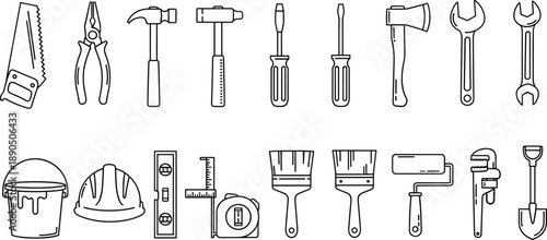 Construction tool icons, black line drawings, hand tools vector set, maintenance equipment clipart, carpentry graphics, repair items, industrial design elements
