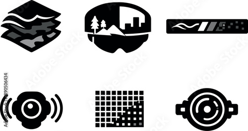 Solid vector icons of dynamic camouflage skins: pattern-shifting membrane, ambient-matching layer, color-modulation strip;
