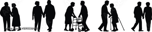 Elderly silhouettes, senior figures, aging concept, healthcare illustration, mobility support, walking canes, social care, retirement lifestyle,