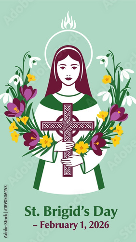St. Brigid's Day celebration with saint holding cross and flowers