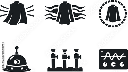 Solid vector icons of refraction-manipulating cloaks: metamaterial curvature sheet, distortion channels, invisibility zone;