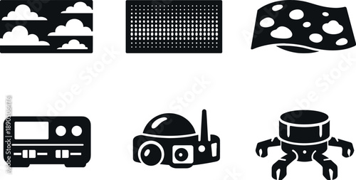 Solid vector icons of visual-projection camouflage fabrics: adaptive sky panel, brightness-matching mesh, dynamic hue surface;