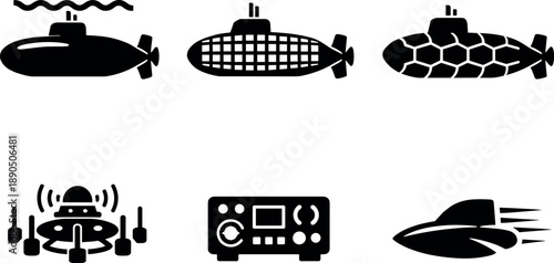 Solid vector icons of active submarine masking systems: thermal-dampening hull, acoustic-absorbing tiles, adaptive signature