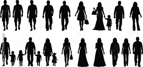 Diverse people silhouettes, family walking, black vector icons, adult and child figures, casual poses, relationship graphics, isolated design elements