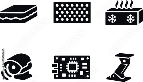 Solid vector icons of signature-suppression marine hulls: insulated hull panel, acoustic diffusion mesh, thermal-control module;