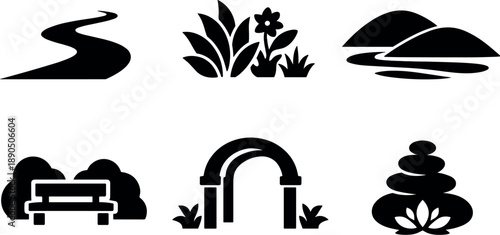 Solid vector icons of peaceful subconscious park atmospheres: flowing path geometry, soothing plant clusters, smooth contour
