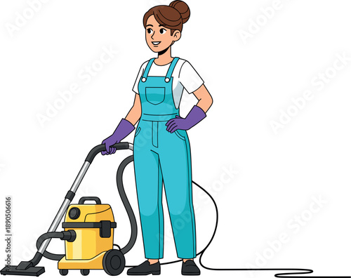 Professional cleaning service woman in uniform with yellow vacuum cleaner