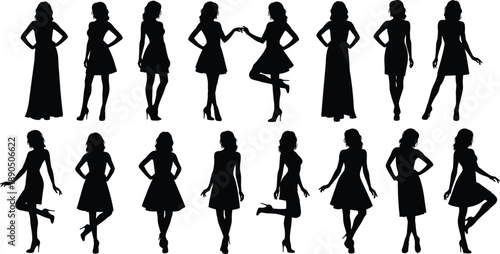 Female silhouette, fashion poses, black figures, walking stance, dress styles, body posture, minimal design, visual icon, elegance, identity concept