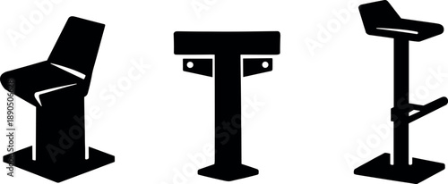 Solid vector icons of short-stay seating structures: uncomfortable contour seat, midpoint blocker, elevated perch style; ground