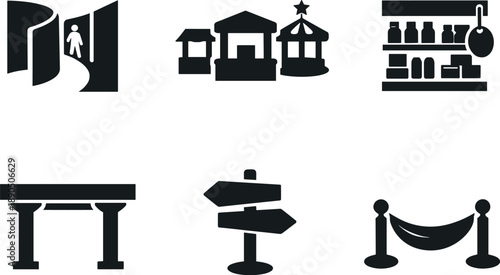 Shopping Icons. Solid vector icons of directed-experience shopping environments: path-modulating corridor, attraction kiosk