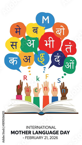 Vibrant hands signing alphabet with speech bubbles on International Mother Language Day