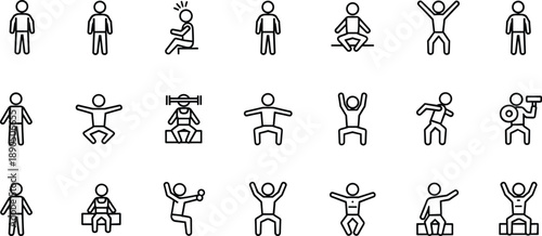 Fitness icons, exercise silhouettes, workout poses, gym activities, yoga meditation, healthy lifestyle, training illustrations, sports figures, physical activity, wellness graphics