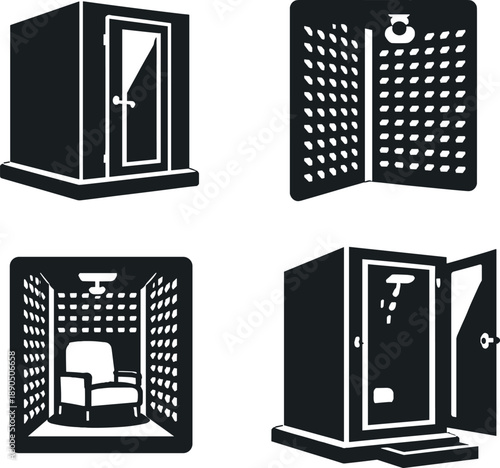 Solid vector icons of immersion-isolation booths: dark enclosure block, sound-dampening foam grid, inner rest contour; hinge