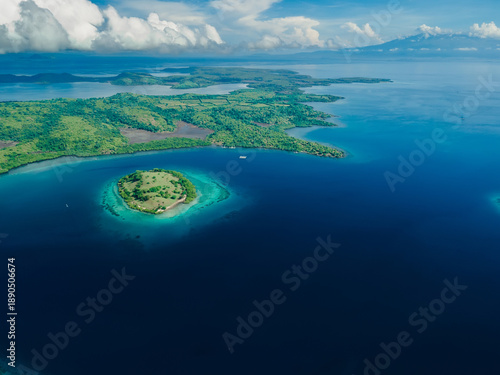 Wallpaper Mural Aerial view and island with coral reef in tropics, Sumbawa. Torontodigital.ca
