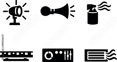 Solid vector icons of overload-inducing stimulus setups: bright-flash lamp, pressure sound horn, odor-release cartridge; mounting