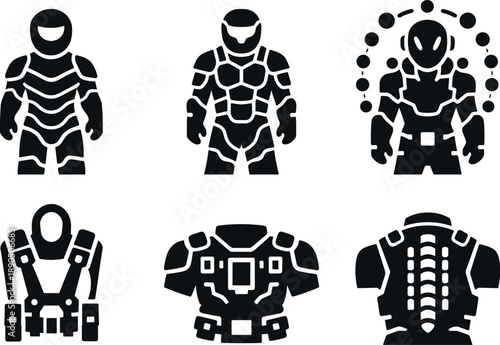 Solid vector icons of sensory-minimizing exosuits: attenuation membrane, perception-dulling plates, distributed buffer fields;