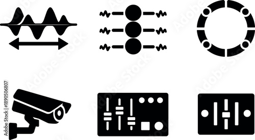 Solid vector icons of non-spatial periodic systems: temporal symmetry pattern, oscillating quantum array, repeating-state ring;