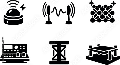 Solid vector icons of time-crystal research setups: periodic drive source, coherent oscillation field, repeating quantum domain;