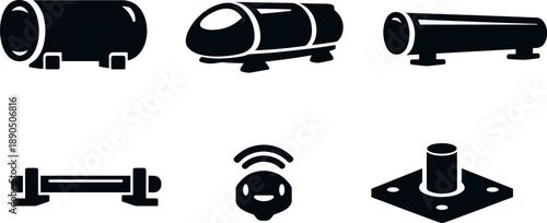 Solid vector icons of evacuated train corridors: sealed transit pipe, rapid-movement capsule, airless lane segment; anchoring bar