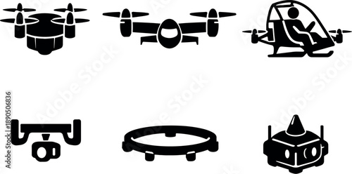 Solid vector icons of individual VTOL aircraft: vertical-thrust module, tilt-rotor set, lightweight pilot frame; sensor bracket,