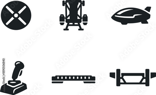 Airlift Machine Icons. Solid vector icons of individual airlift machines: rotor-disc pair, vertical ascent chassis, aerodynamic