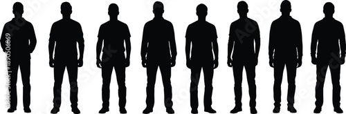 human silhouettes standing, casual clothing figures, group posture outline, people design, artistic illustration, social diversity, character graphic, identity icons, uniform stance, fashion outline
