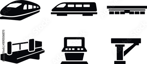 Solid vector icons of magnetically elevated metro networks: deep-track maglev shell, silent gliding car, linear motor section;