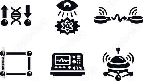 Entanglement Teleportation Icons. Solid vector icons of entanglement-driven teleportation schemes: correlated spin pair,