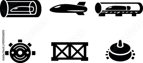 Solid vector icons of vacuum-tunnel train concepts: airless travel chamber, sleek propulsion pod, linear guide tunnel;