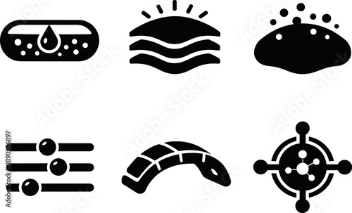 Bioluminescent Skin Modules. Solid vector icons of soft bioluminescent skin modules: micro-algae reservoir, glow-emission layer,