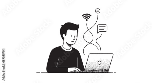 Man working on laptop with wi fi symbol and chat bubbles above digital communication concept black and white illustration