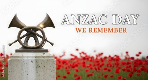 ANZAC Day remembrance image with bugle, stone monument, and red poppy field