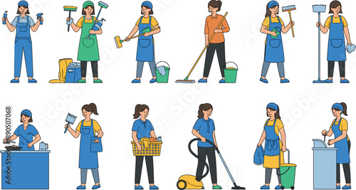 Set of professional cleaning service characters performing various household chores
