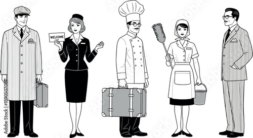 Set of professional hospitality and service industry staff characters in uniform