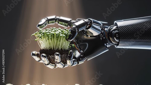 Conceptual video of a shiny robotic hand gently holding a clod of soil with fresh green sprouts growing, symbolizing the harmony between technology and nature in a futuristic agriculture