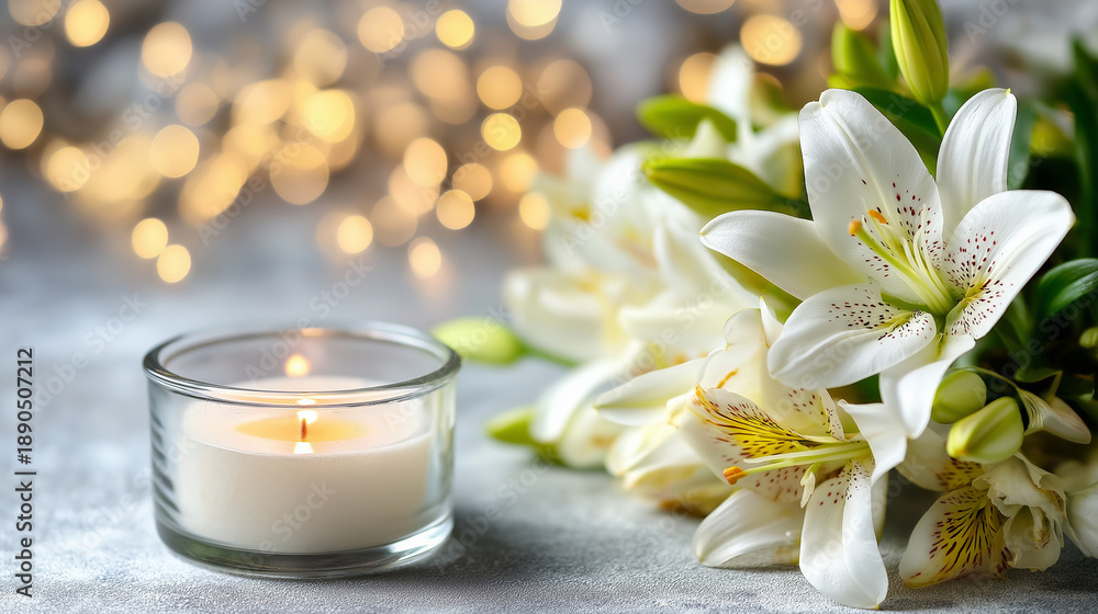 Naklejka premium White lilies and lit candle on textured surface, festive bokeh background, memorial tribute, peaceful atmosphere, spiritual moment, defocused lighting, with copy space